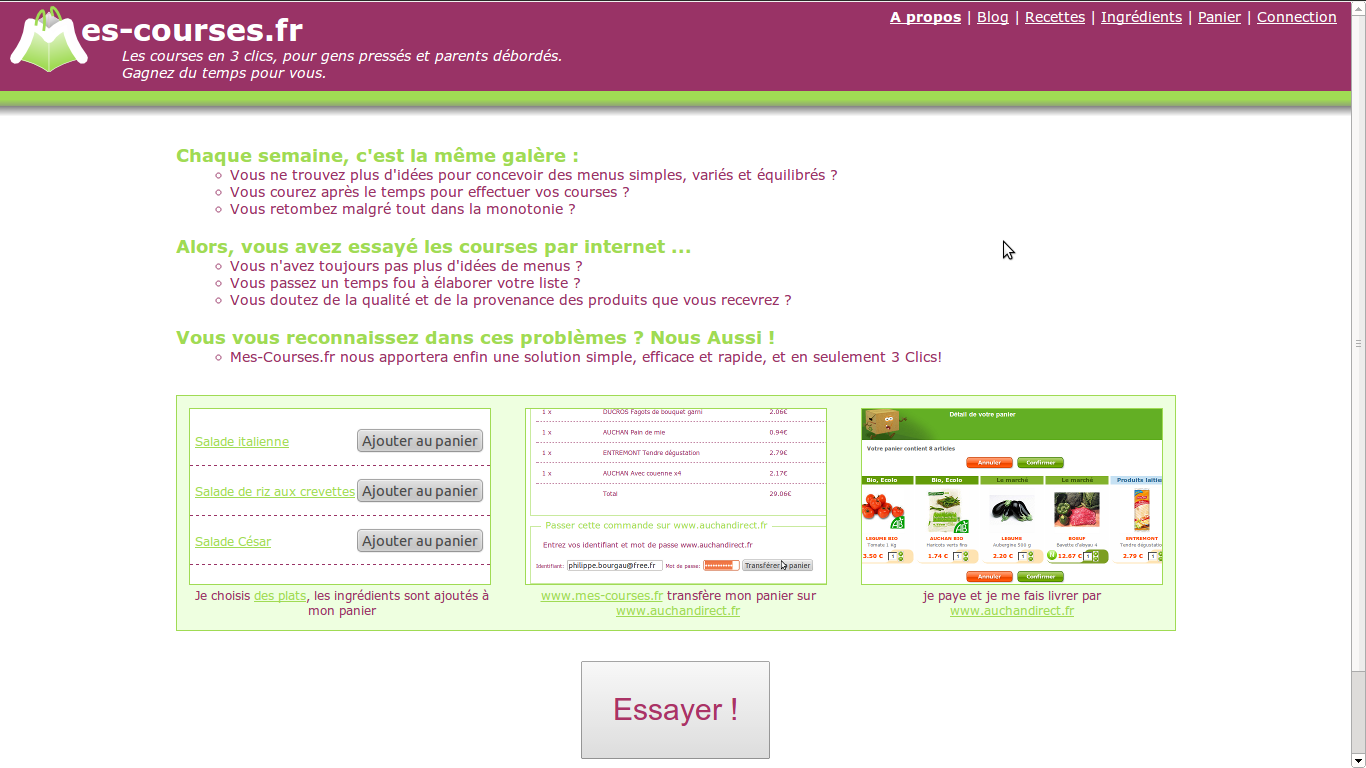 Screen shot of the home page of mes-courses.fr