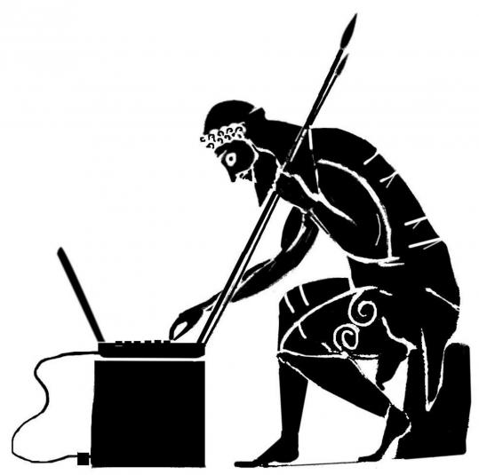A drawing of an ancient Greek hero typing at a computer