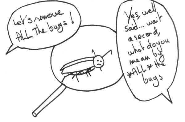 Drawing of people arguing over the #ZeroBugs policy