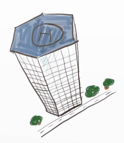 A drawing of a hexagon-shaped building