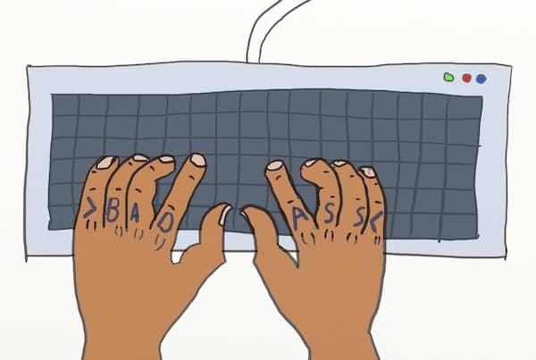 Drawing of 2 hands of a badass developer over his keyboard, with ">badass<" tatooed on his fingers