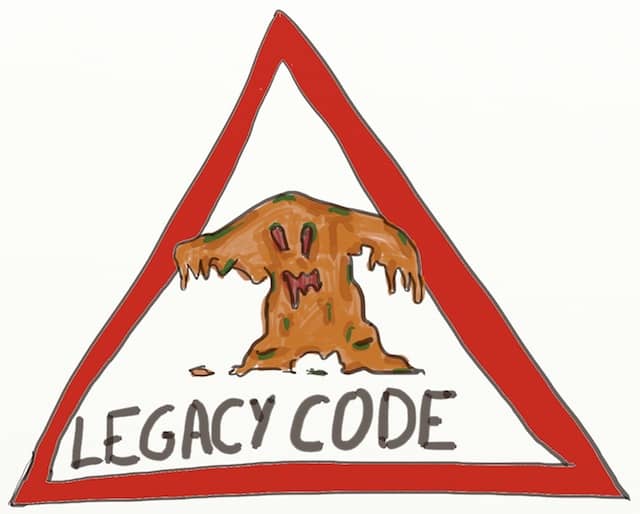 Drawing of a warning panel with legacy code written below an awful monster. Sending effective warning signals is a good way to get sponsorship for large scale refactorings