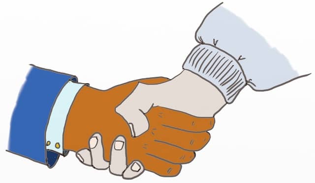 Drawing of a handshake between a business person wearing a suit and a developer wearing a hoody. Becoming business partners serves each party's interests
