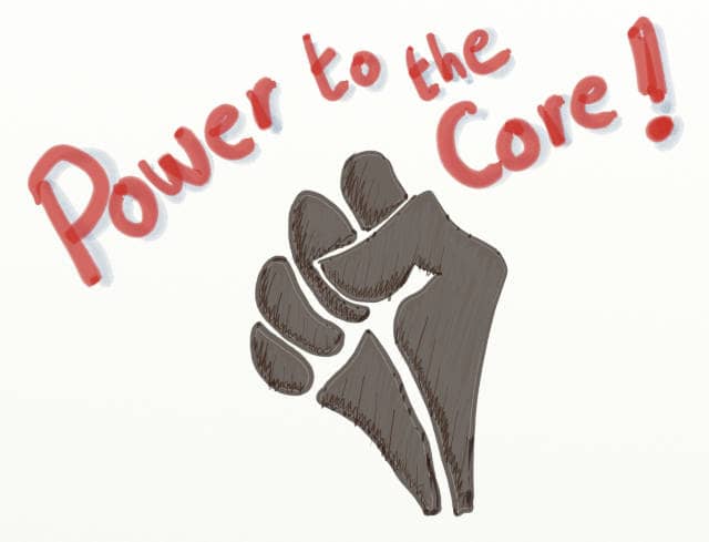 A drawing of a raised fist with a slogan 'Power to the Core'. Event Storming and DDD are effective ways to grant the upper hand (put them upstream) to core bounded contexts.