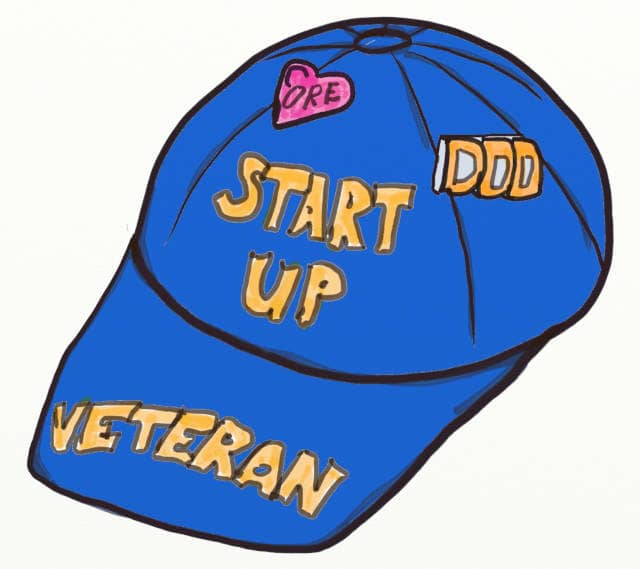 Drawing of a 'Startup Veteran' cap, with badges for Core and DDD. Advance DDD Domain Relationship can protect the core domains's focus, priority, budget and time