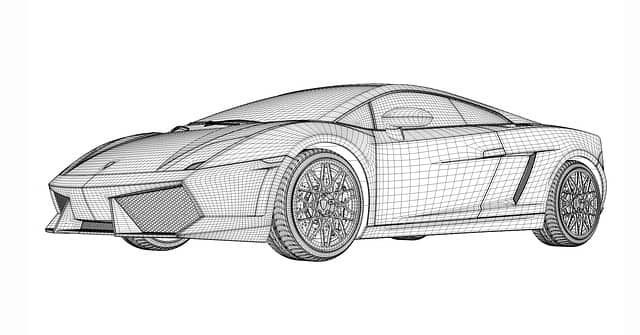 Wireframe prototype of a Lamborghini car. Event Storming and DDD can be used to define software prototypes to answer NFR risks.