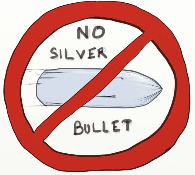 Drawing of a bullet in an interdiction roadsign, written "No Silver Bullet". Event Storming and DDD can help use to draft the boundaries of our services, but we must remember that microservices are no silver bullet