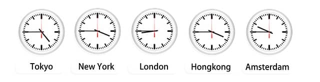 Synchronized clocks from Tokyo, New York, London, Hong Kong and Amsterdam. Pair programming needs to be adapted to work well across time zones.