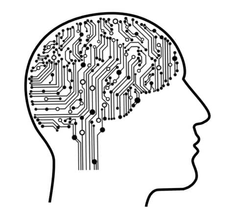 Black and White wireframe illustration of a human head with a brain made of silicon circuits. Machine Learning in Software Engineering could help us to make better decisions.
