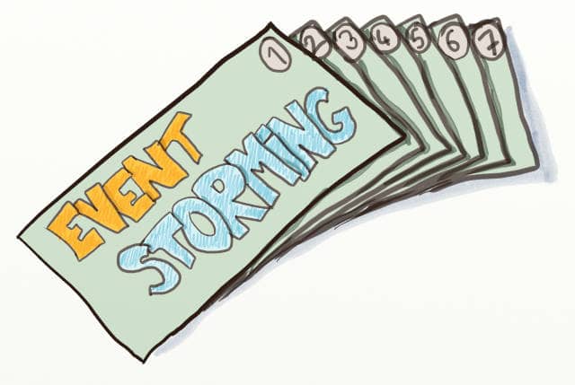 Drawing of a stack of 7 cards written Event Storming on the back.