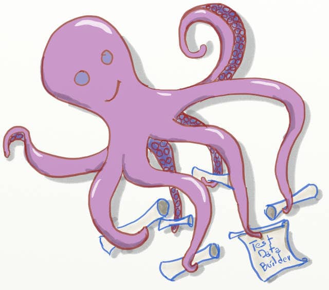 Drawing of a squid holding papers written "Test data builders". Combining the Mikado Method with the Test Data Builder Pattern makes large cross-concern testing improvement possible.