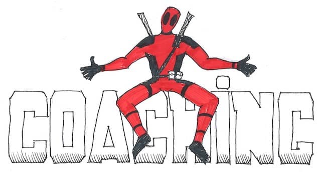 A drawing of Deadpool sitting on big letters 'Coaching'. My first mission as an Agile Technical Coaching was with a team called Deadpool