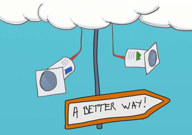 Drawing of 2 yaourt pots hanging from the clouds, with a sign board directing to 'A Better Way'. As technical agile coaches, we can leverage on the opportunities of remote pair coaching to show a better way to our coachees.