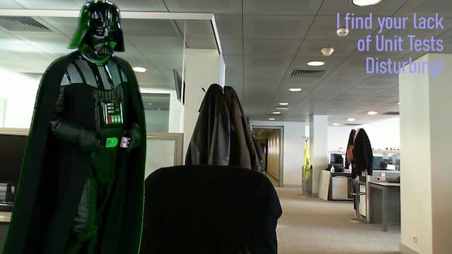 A made-up video conference background where we can see Darth Vador looking over my office chair. It is written 'I find your lack of unit tests disturbing' in one corner!