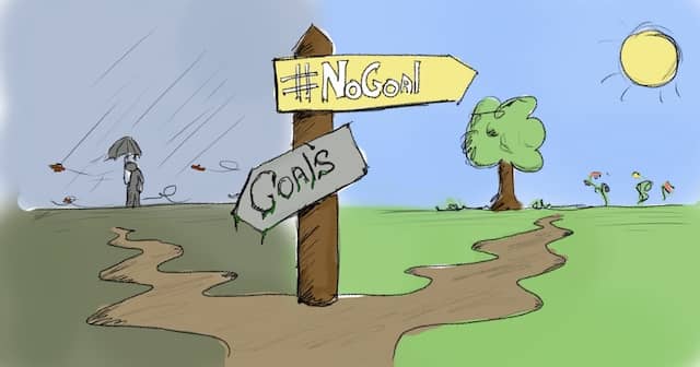 Drawing of a crossroad with 2 panels '#NoGoal' and 'Goals' leading respectively to a nice and sunny countryside, or to a grey place with heavy rain. Doing technical agile coaching without goals is a bold move but it can make us a lot happier!