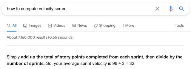 A screenshot from a Google search for "How to compute velocity scrum." The highlighted answer is "Add up the total of story points completed from each sprint, then divide by the number of sprints." Other links on the first result page offer similar advice.