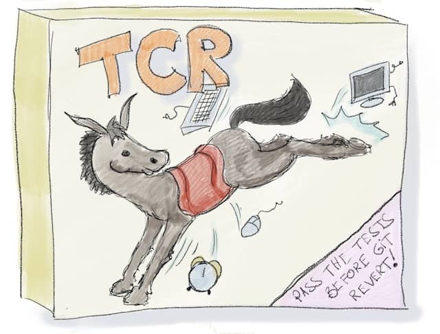 Drawing of a tabletop game box titled 'TCR' and featuring donkey kicking and throwing away everything he was carrying. TCR can feel like the programmer's version of this old 'Buckaroo' game where we wanted to load the donkey as much as possible until it kicked everything around.