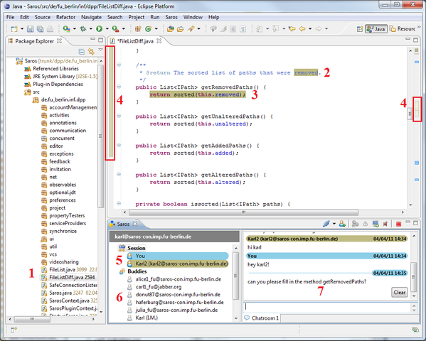 A screenshot from Eclipse with Saros plugin