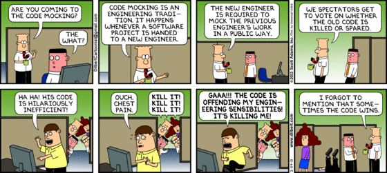 A dilbert cartoon about a programmer killed by technical debt