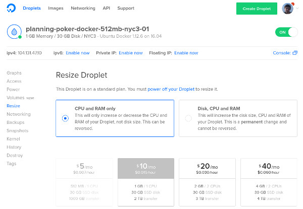 A screenshot of the resize screen on digitalocean