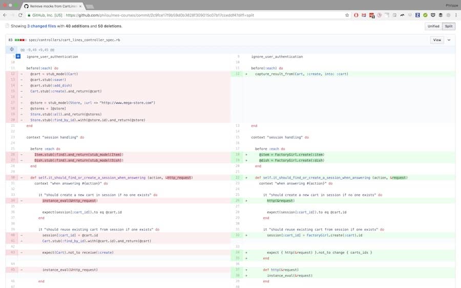 A screen capture of a Github diff showing a test file going on a mock diet