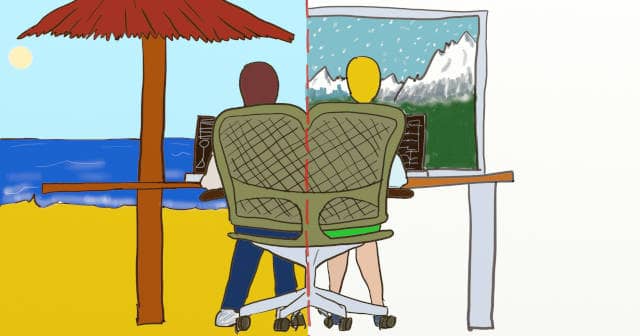 Drawing of a pair of programmer doing remote pair programming from different regions: mountain and beach. One of the main benefits of remote pair programming is allowing people to work from wherever they like.