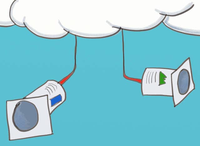 Drawing of 2 yagourt cans linked together from a string going through a cloud. Making remote pair programming work still has a DIY flavor, but it is worth the effort.