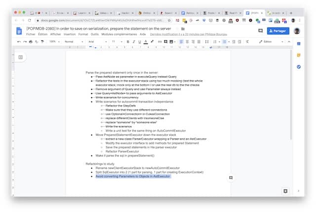 Sample detailed TO DO list in Google Docs. Maintaining a TO DO list for programming made remote pair programming easy.