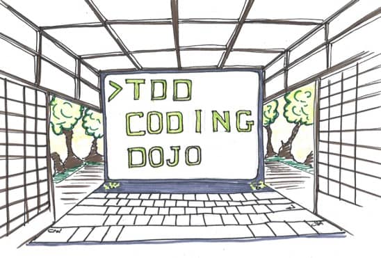 Drawing of a martial arts dojo built around a giant laptop! Starting a coding dojo is the first step in Agile Technical Coaching