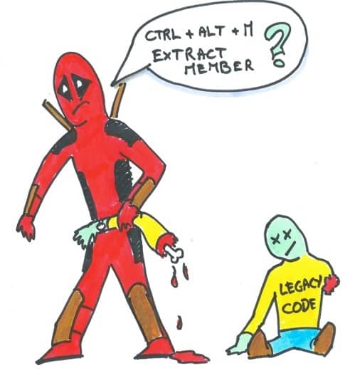 A drawing of Deadpool performing an extract-member refactoring on a legacy code character. We used Agile Technical Coaching as a way to practice refactoring techniques.
