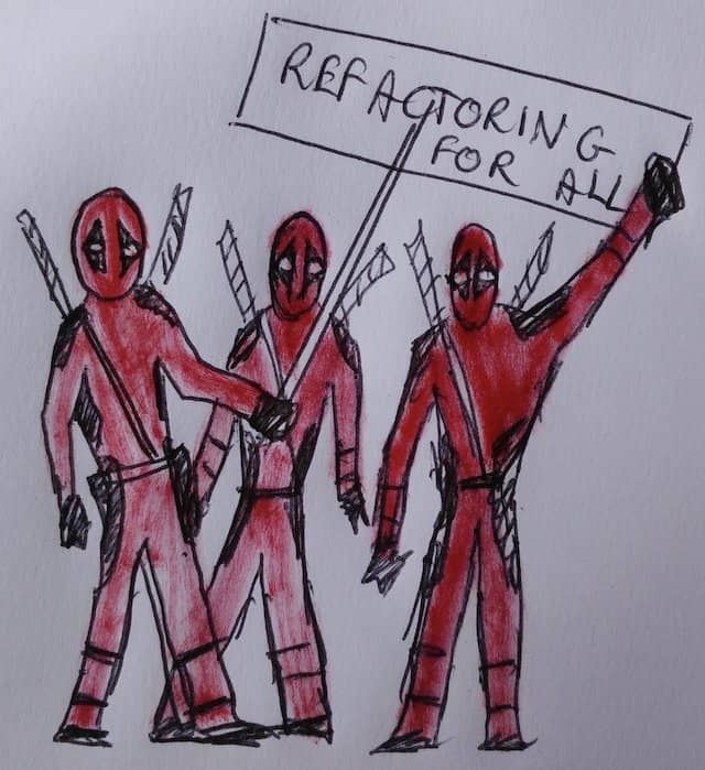 A drawing of a mob of Deadpool characters protesting for refactoring.