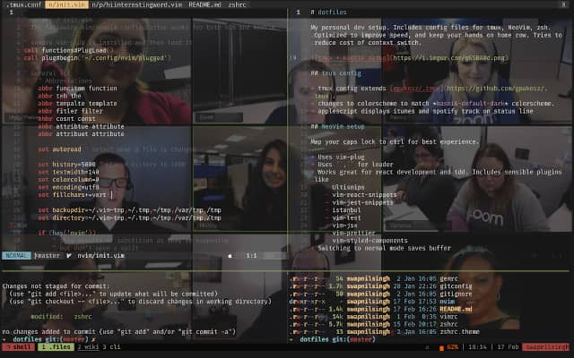 Superposition of a TMux client terminal over a video conference gallery view. This TMux setup allows us to see the code and people at the same time.