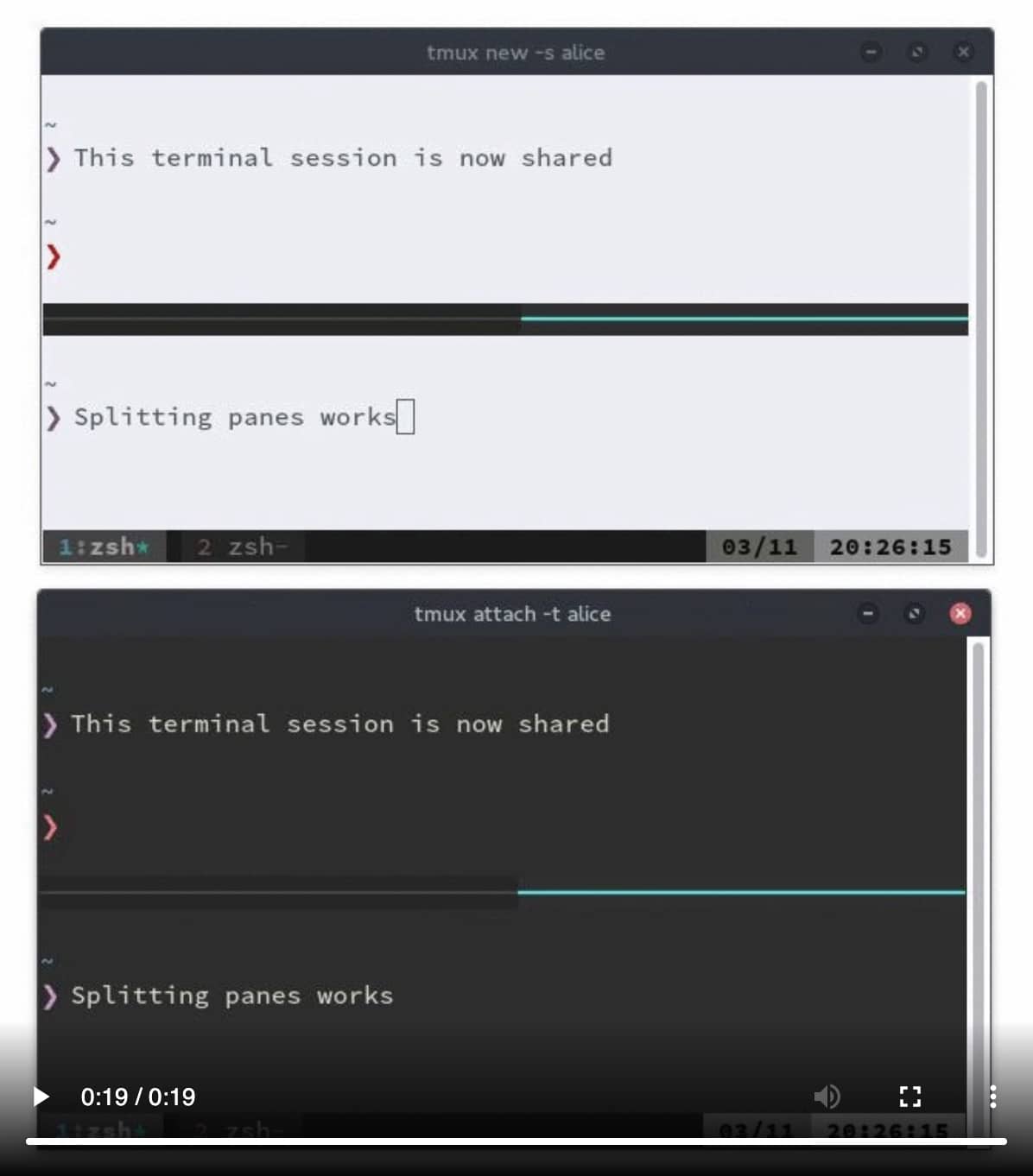 A video screenshot by Ham Vocke demonstrating how to use TMux to make participants in remote pair programming client sessions synchronized.