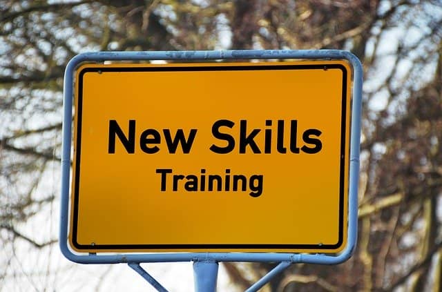 RoadSign written "New Skills Training". The main idea behind agile technical coaching is to grow developer leadership by training them to new skills.