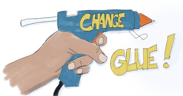 Drawing of a hand holding a glue-gun, written Change Glue on it. Making the change stick is a challenge for all technical agile coaches. Let's see how training part-time coaches can help.