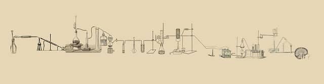 A long chain of lab experimental equipment that ends with a brain. Using hypothesis driven development when defining our goals lets us experiment and learn consciously