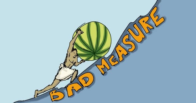 Drawing of Sisyphus pushing a giant watermelon up a steep slope written 'Bad Measure'. Like watermelons, bad measures look green on the outside, but red when you look inside! Badly measuring our technical agile coaching work can be demotivating.