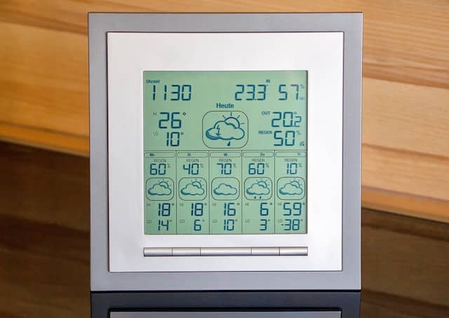 A photo of a home weather forecast device. Estimating the size of user stories is a lot like forecasting the weather. It's usually close to what we have experience with, but it's not a perfect science. That's why we should not commit on estimates.