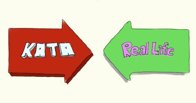 Drawing of 2 arrows written "Kata" and "Real Life" pointing at each other. "It won't work in real life!" is probably the most common critique we get during code katas. Indeed bridging the gap between practice and real life is one of the key aspect of technical agile coaching.