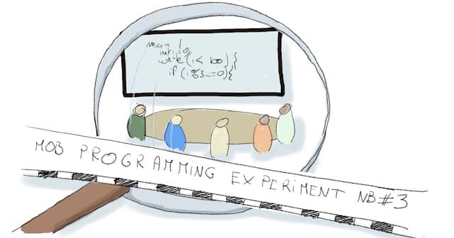 Drawing of a team doing mob programming, under a giant magnifying glass. There is also a banner that reads "Mob Programming Experiment NB#3". Running short mob programming experiments is a great way for team members to discover which mob programming rules work for them.
