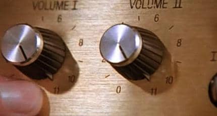 Screenshot from the Spinal Tap movie where we see volume knobs turned with an '11' scale. Adding TCR to code katas will make us do even more baby-steps than with TDD.