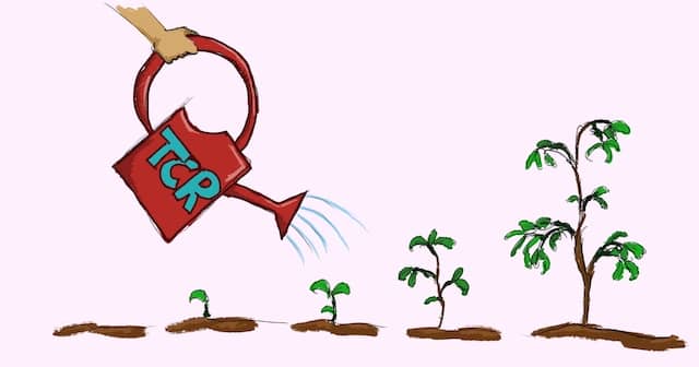 Drawing of a hand watering some plants that are taller and taller. Letters TCR are written on the watering can. Evolutionary Design is a bit like gardening, as we try to make the plants grow the best they can. TCR code katas help us practice baby steps, that let re-orient the design as we move forward.