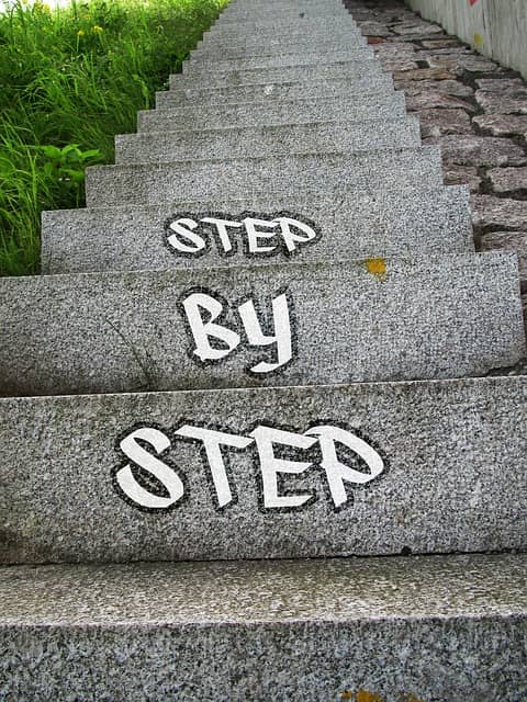 Photo of stairs with "Step by Step" written on the first 3 steps. By itself, pushing TDD to the extreme, like when using TCR for example, is a way to go slow!