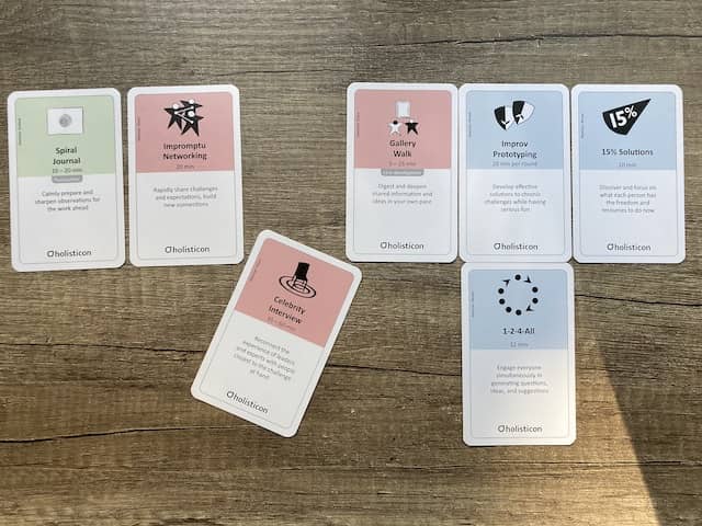 Photo of the Liberating Structures design cards that represent the sequence of the Slow Code Retreat.