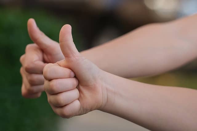 Photo of the hands of 2 people showing their thumbs up. Overall, the participants of the Slow Code Retreat love it.